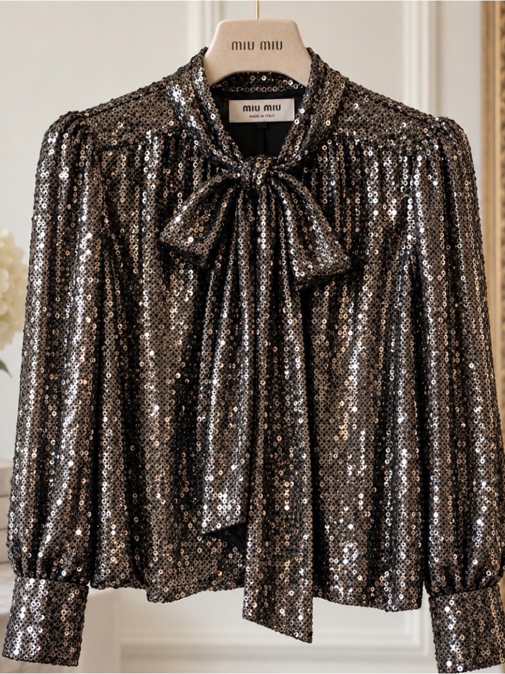 Miu Miu $2000 Black Sequin Long-Sleeve Top